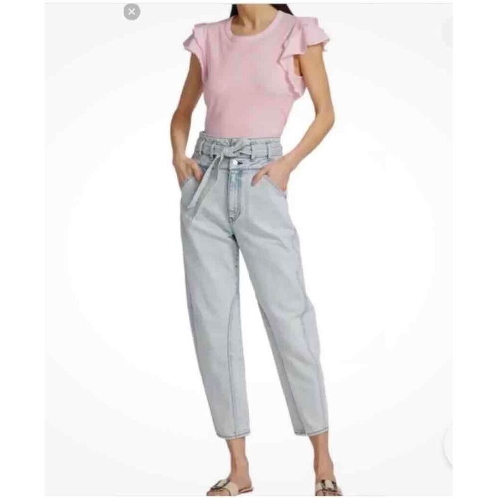 NWT Veronica Beard Womens Sky High Waisted Tie Belt Curved Barrel Jeans Size 28